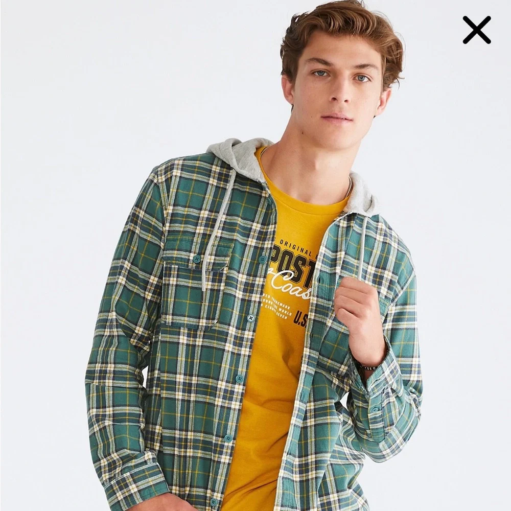 Aeropostale Long Sleeve Plaid Hooded Flannel Shirt Size M